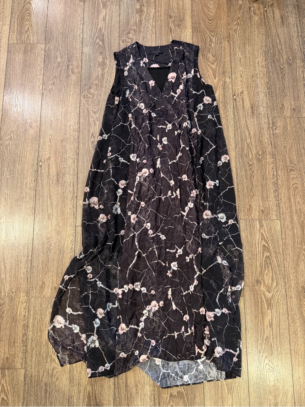 AllSaints Black Maxi Dress with Pale Pink Floral Motif silk blend